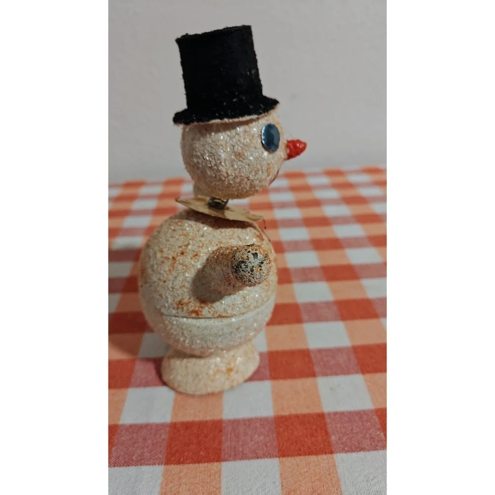 VINTAGE Paper Mache‎ Snowman West GERMANY Candy Holder cardboard mica 1930s